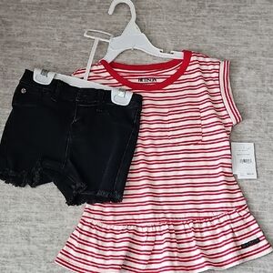 Hudson Jeans Red and White Striped Top With Black Denim Shorts
